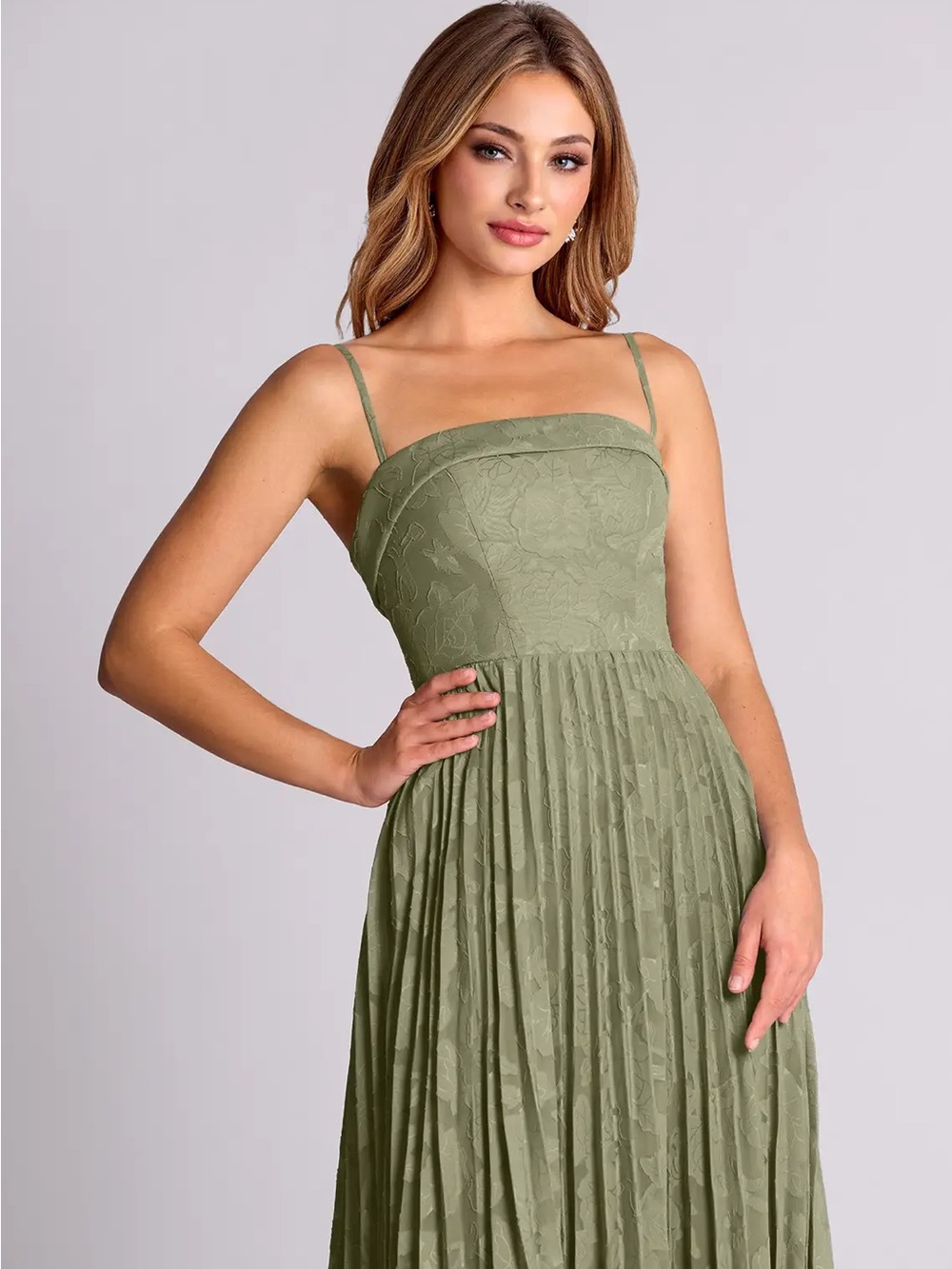Strapless Olive Green Pleated Evening Dress - Picture 2 of 4